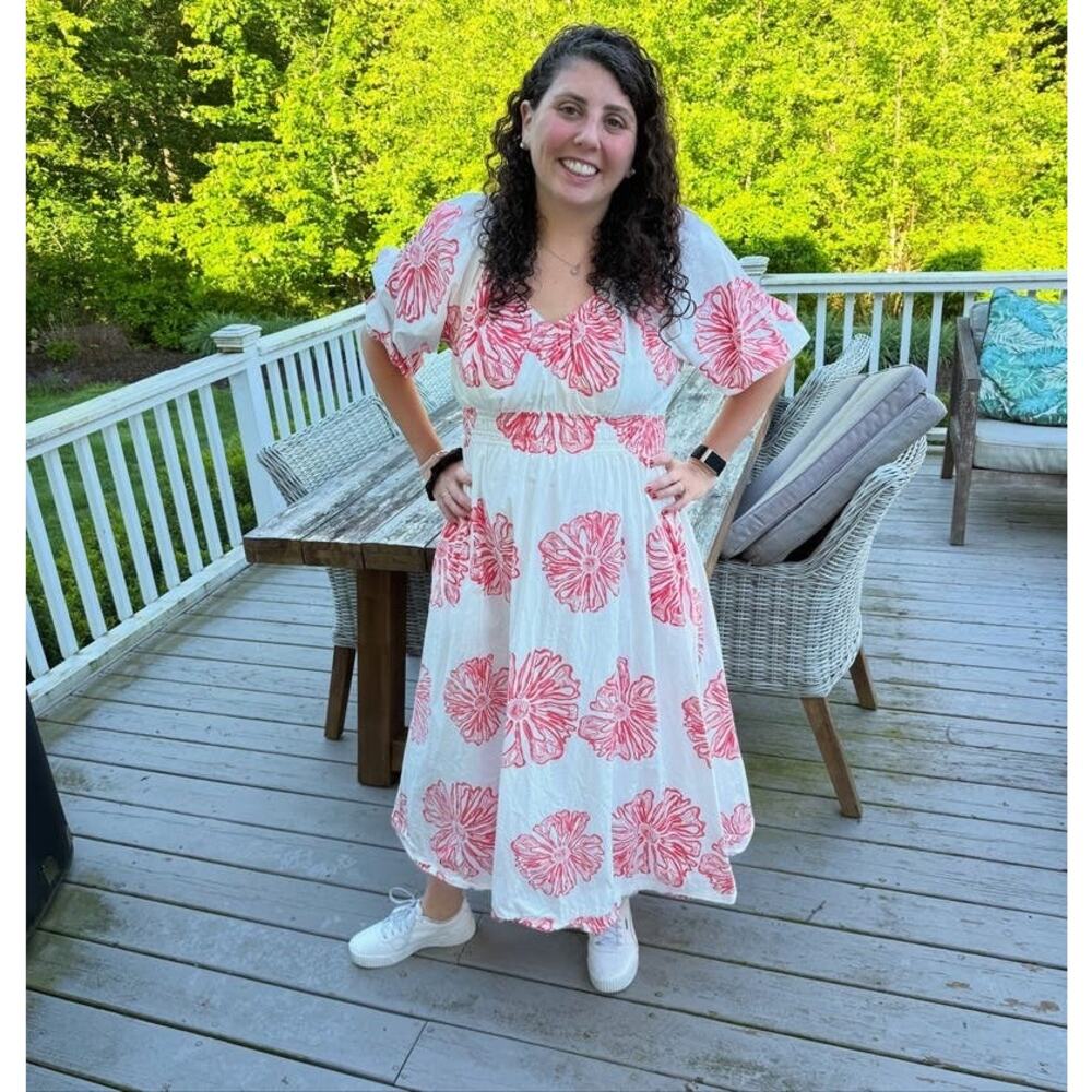 MARIE OLIVER Pink Floral 100% Cotton Ava V-Neck 3/4 Sleeve Maxi Dress Size M - Picture 15 of 16